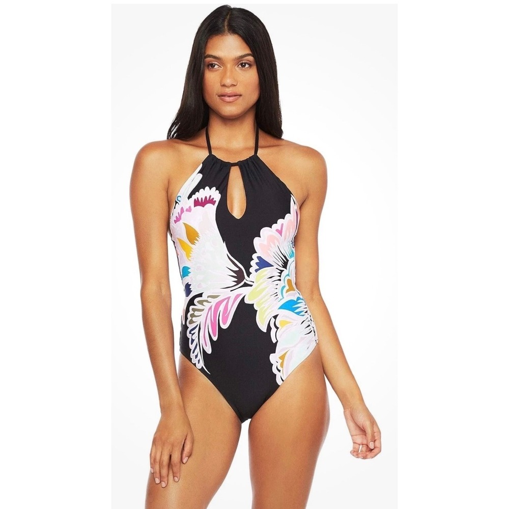 Trina‎ Turk Women High Neck One-Piece Swimsuit Black Seychelles Size 14 NWT $162